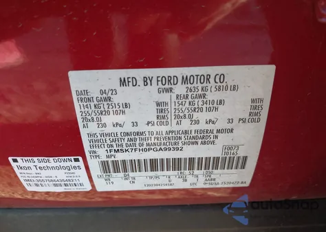 2023 Ford Explorer Limited z USA, uszkodzony, nr VIN 1FMSK7FH0PGA99392